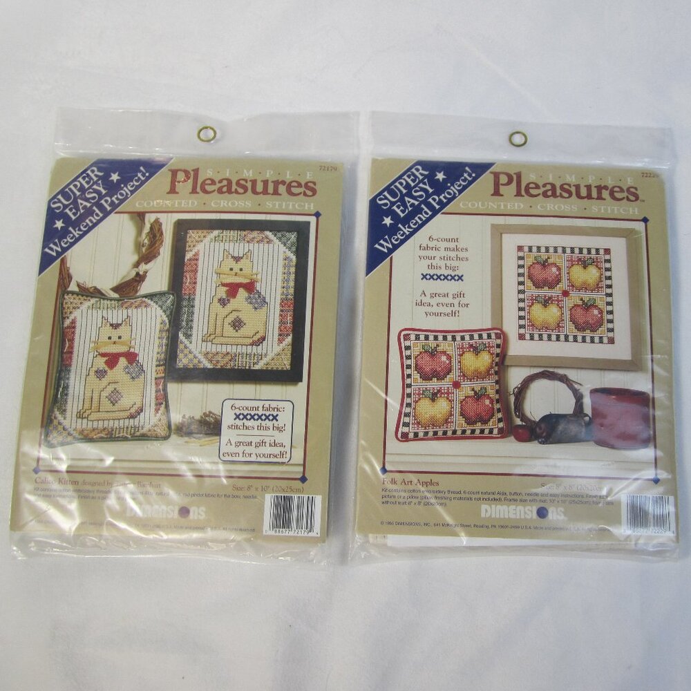 Calico Kitten & Folk Art Apples Cross Stitch Dimensions Simple Pleasures 1994